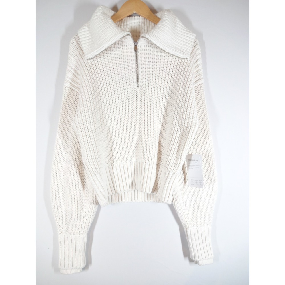Athleta Alder Half Zip Sweater Womens L White Chunky Knit Cotton Blend Pullover